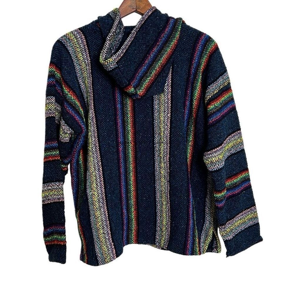 Art Maz Knit Baja Hoodie Mexican Pullover Poncho Sweater Black Yellow Size Large - Picture 7 of 7